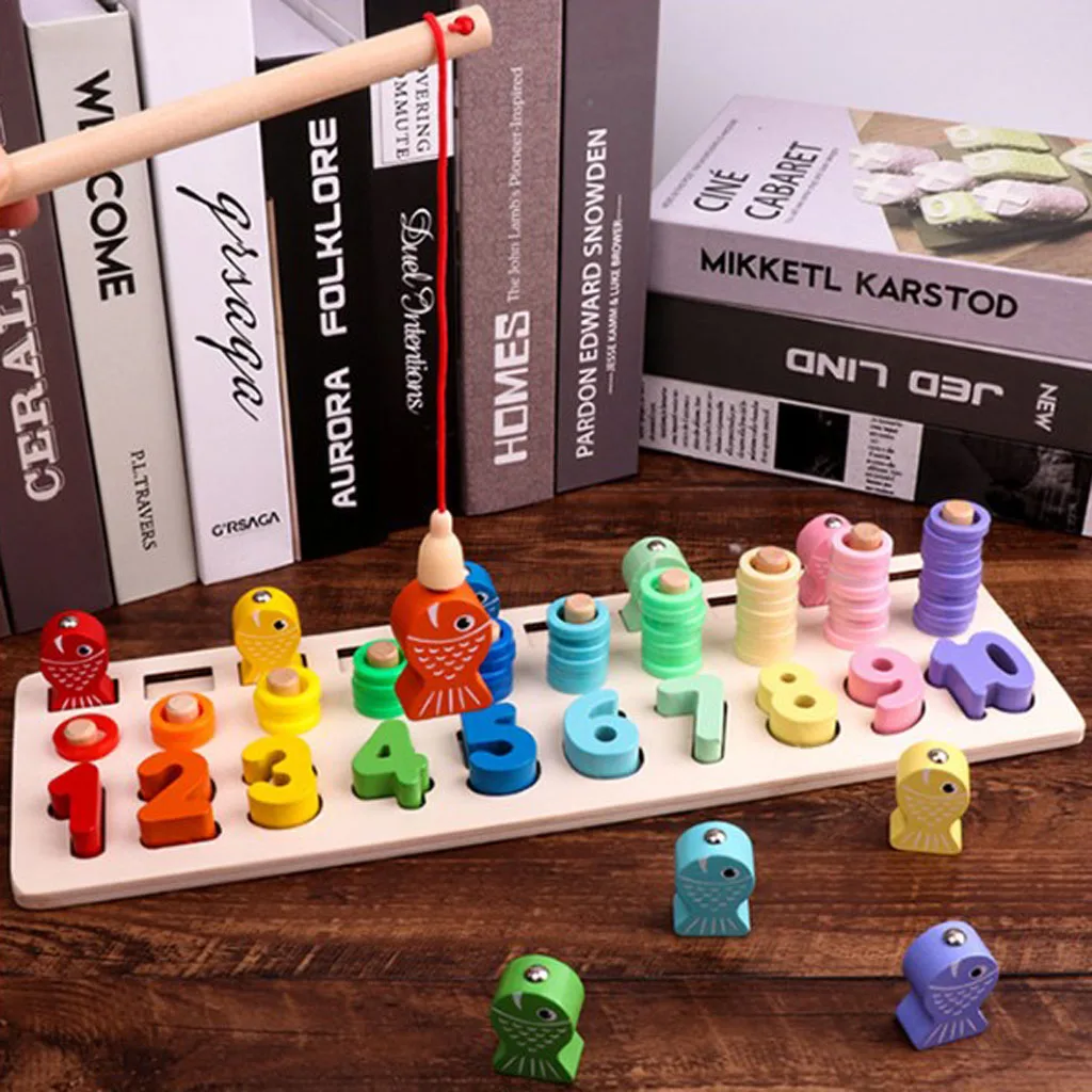 Montessori Wood Blocks Shape Sorter Number and Stacking Learning Educational Toys, Kids Children Fishing Toy
