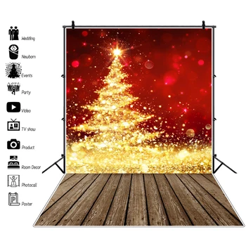 

Laeacco Golden Shiny Christmas Tree Red Polka Dot Light Bokeh Wooden Floor Baby Photography Backdrop Photocall Photo Background