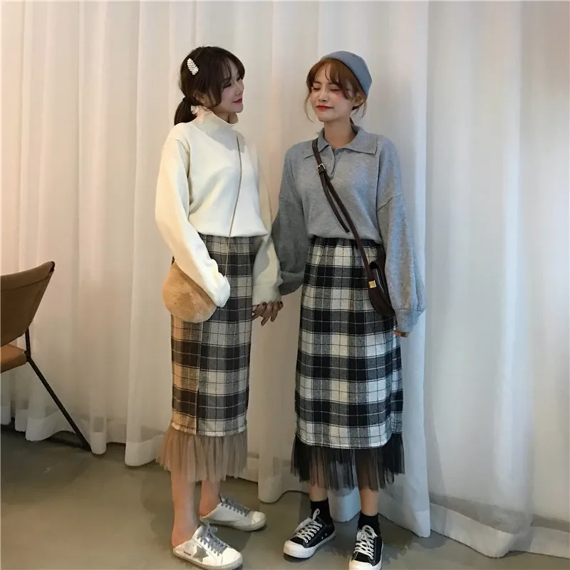 Женская юбка, клетчатая, газовая, комбинированная, хлопок, один размер, Осень-зима, высокая талия, Англия, мода, стиль, для девочек, низ, B94