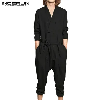 

INCERUN Fashion Men Jumpsuit Solid Long Sleeve Button Casual Pants Streetwear Overalls V Neck Cotton With Belt Men Rompers S-5XL