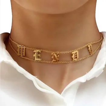 

Custom Old English Name Necklace Personalized Gothic Choker Stainless Steel Gold Double Chain Nameplate BFF Gift