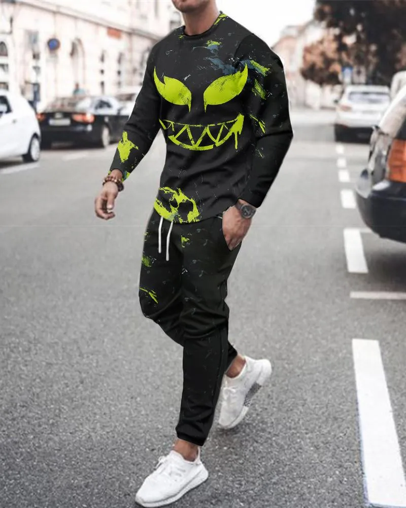 Men's sports suit T-shirt + trousers workout clothes 2-piece set 3D plant leaf solid color printing long-sleeved sportswear suit mens two piece sets