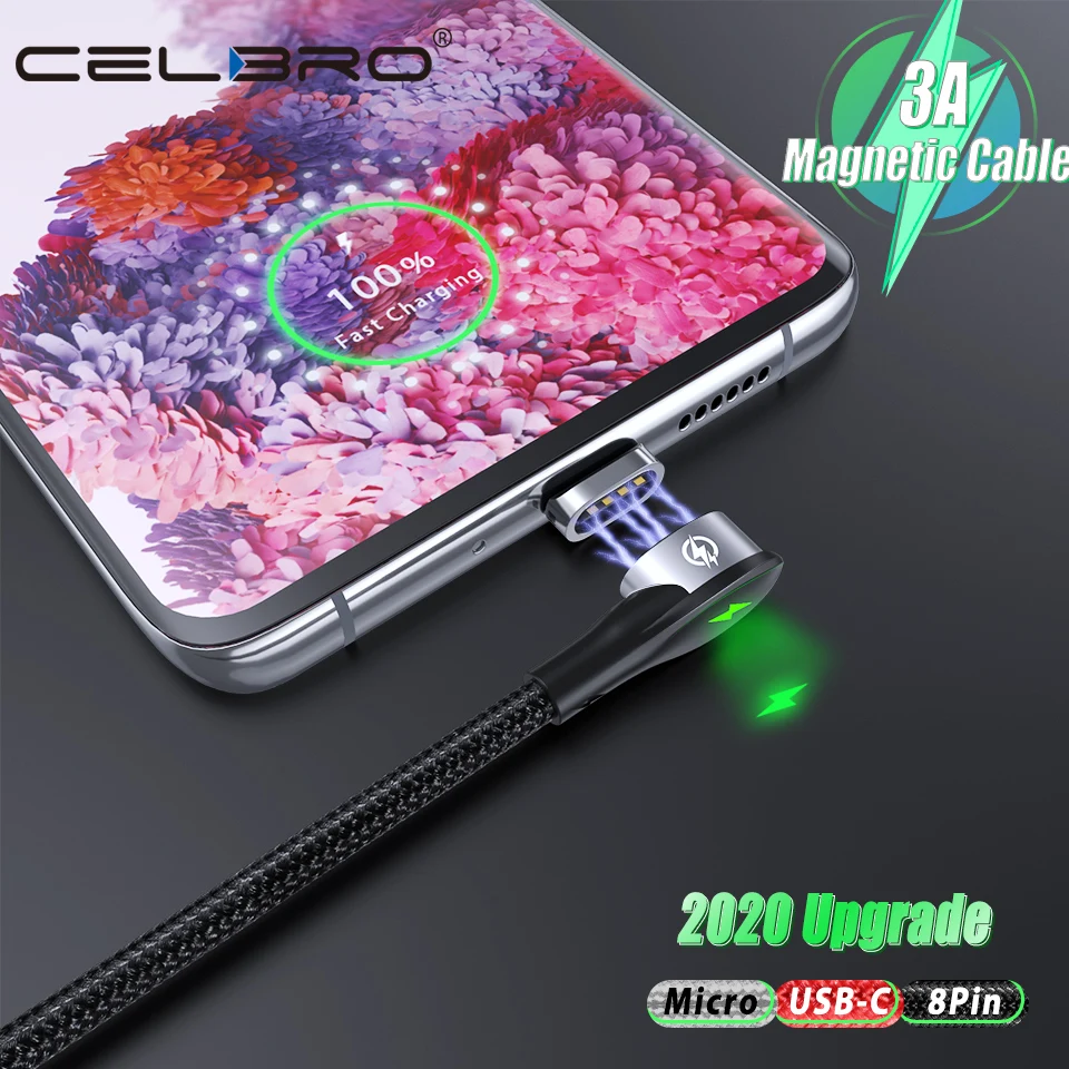 Магнитный кабель для быстрой зарядки 90 ° 3A Micro USB Type C быстрое зарядное устройство