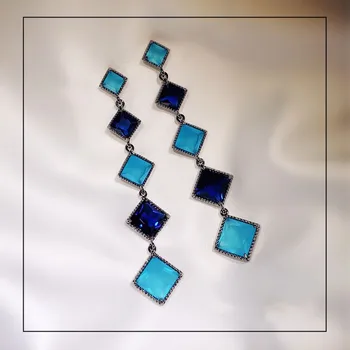 

925 Silver Needles Drop Earrings For Women Super Flash Long Blue Gradient Rhombus Cubic Zirconia Tassels Fine Jewelry Bijoux