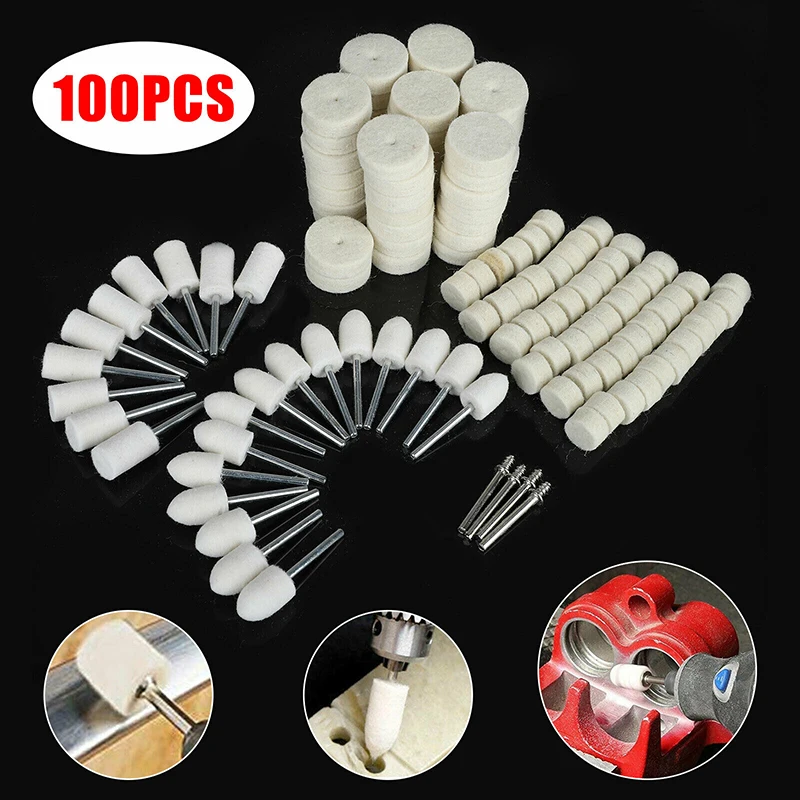 100PCS Wool Felt Mounted Mandrel Polishing Buffing Wheels Grinding Bits Kit Multifunctional For Dremel Tool Attachment
