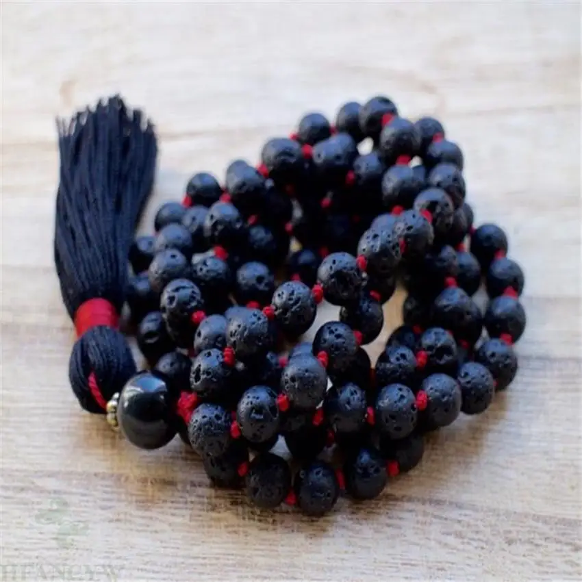 

8mm black Lava 108 Beads Gemstone Tassels Mala Necklace pray Fancy Wrist natural MONK spirituality Handmade Meditation Bless