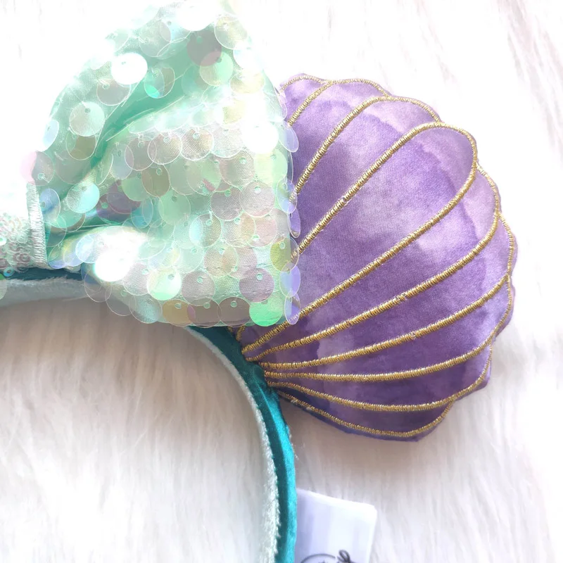Disney Mickey Mouse Mermaid Ariel Headband Disneyland Minnie Ears Sequins Purple Headwear Children Boy Girl Beauty Toys Gift
