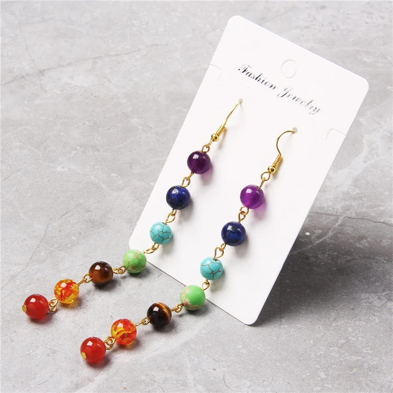 Long Earrings Rainbow Round Natural Stone Earrings 7 Chakra Earrings Women Long Fringed Statement Beads Earring