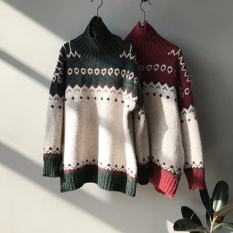 Harajuku Winter Women Sweater Turtleneck Long Sleeve Classic Pattern Thick Knitwear Pullover Femme Cosy Soft Sweaters Red
