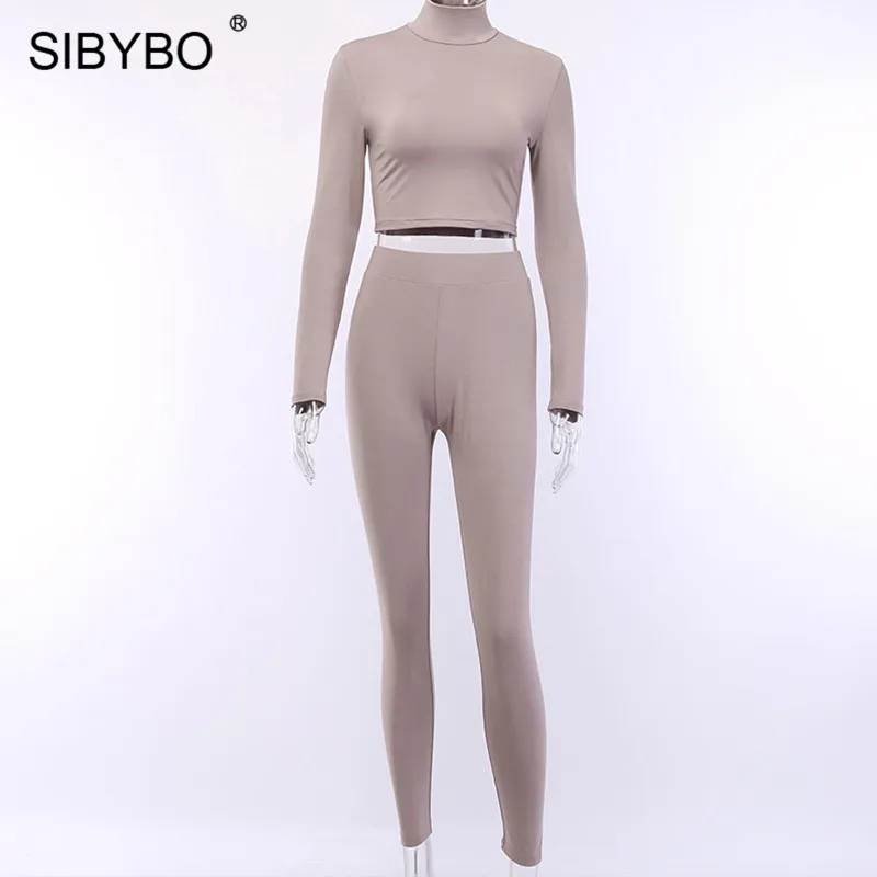 As Shown SIBYBO Осенняя Водолазка сексуальный комплект из двух предметов для женщин с длинным рукавом с высокой талией женский топ и брюки комплект повседневный спортивный женский спортивный костюм - Цвет: As Shown