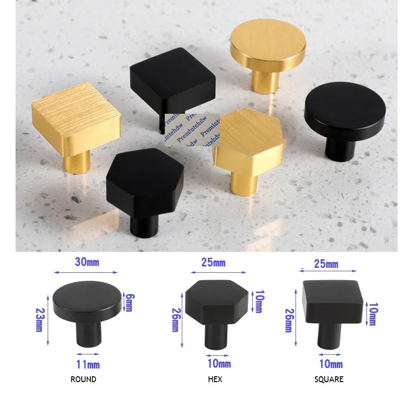 4Pcs/Lot Brushed Gold Matte Black Aluminum Round Hex Square Furniture Cabinet Cupboard Drawer Knob afbeelding