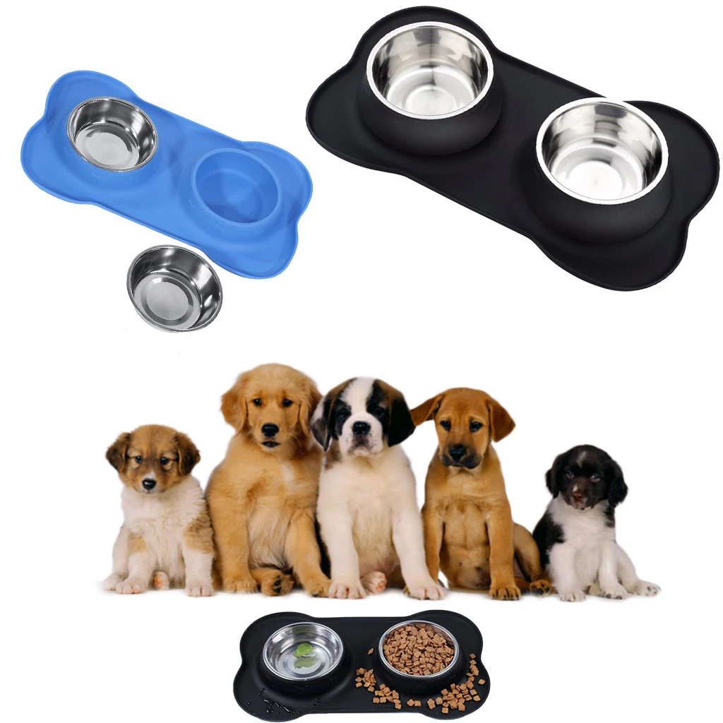 

Pet Cat Bowl Stainless Steel Dog Bowl Silicone Bone Double Dog Bowl Watertight Non-Slip Silicone Pad Feeder Bowl Pet Bowl Dog