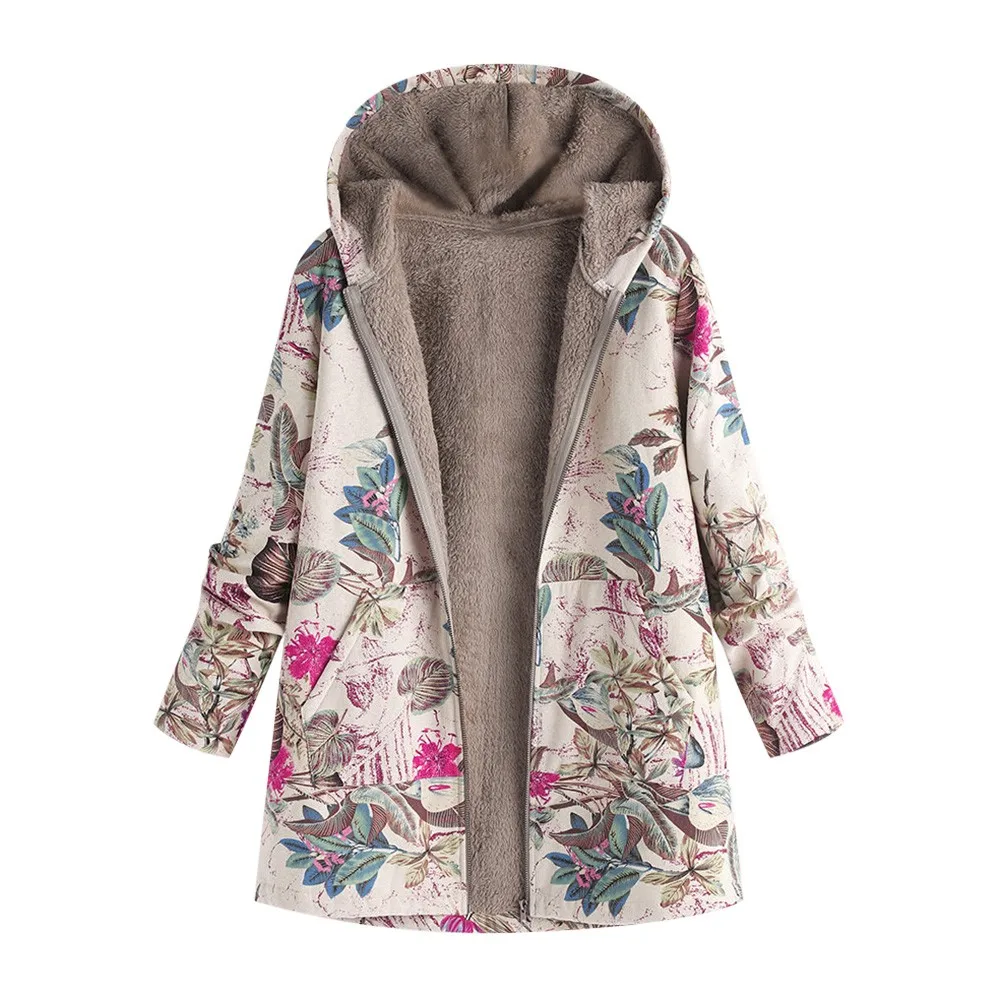 Модная женская верхняя одежда, зимняя теплая куртка с цветочным принтом, с капюшоном и карманами, винтажные повседневные пальто больших размеров, пальто, блузка, Топ - Цвет: Hot Pink