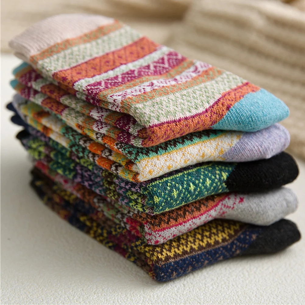 5 пар, искусственная шерсть, Ретро стиль, зима, мягкая, осень, согревают, средняя труба, полосатые, дышащие, рождественские, для взрослых, носки, термо, цветочные