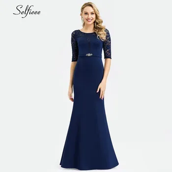 

Vintage Navy Blue Women Dresses Half Sleeve O-Neck Elegant Bodycon Maxi Dresses With Crystal Decoration Vestidos De Verano 2020