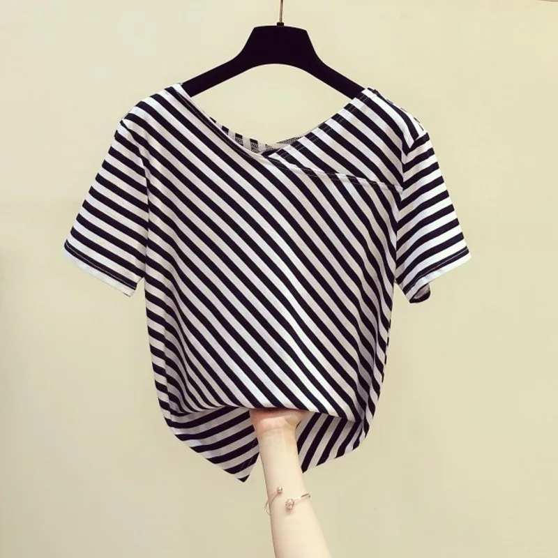 

Stripe Tshirt for Women 2020 Summer New Korean Style Cross V-neck Short Sleeve Striped Knitted Shirt Women's Casual All-match T