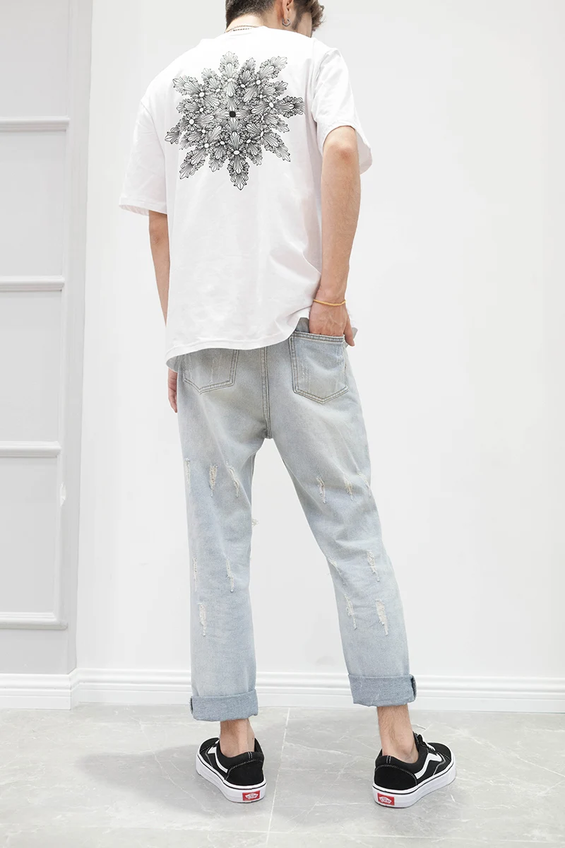 Японские корейские мужские брюки в стиле хип-хоп с большими дырками на коленях, джинсы для ночного клуба