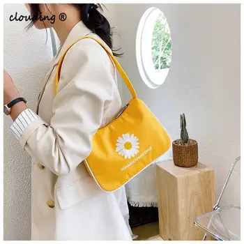

Pure Color Small Daisy Print Handbag Fashion Summer Sweet Casual One-Shoulder Underarm Bag For Ladies