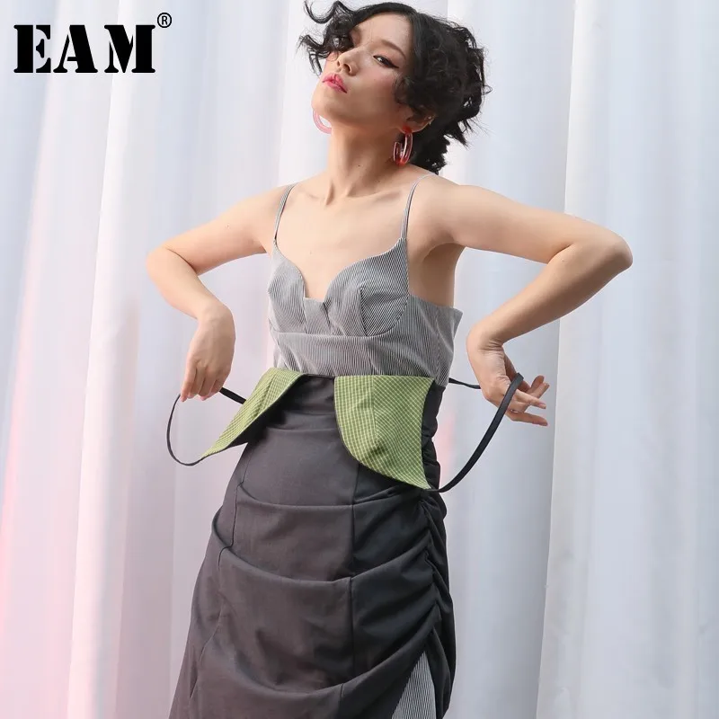 

[EAM] 2020 New Spring Summer Spaghetti Strap Hit Color Three-dimensional Hem Fold Split Joint IrregularDress Women Fashion JQ370