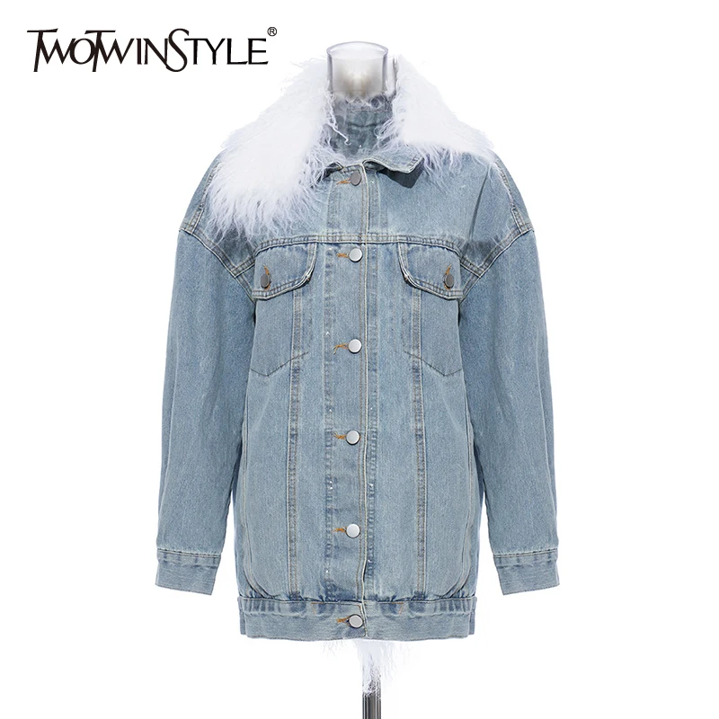 TWOTWINSTYLE Patchwork Fur Denim Cotton Coats Female Lapel Collar Long Sleeve Hit Color Parkas Women 2020 Fashion Clothing Tide | Женская