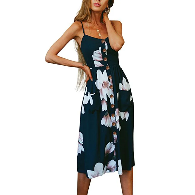 2018 New LOSSKY Women Print Floral Stripe Bohemian Dress V-Neck Sleevele Sexy Button Beach Casual Boho Midi Dress Plus Size 3XL