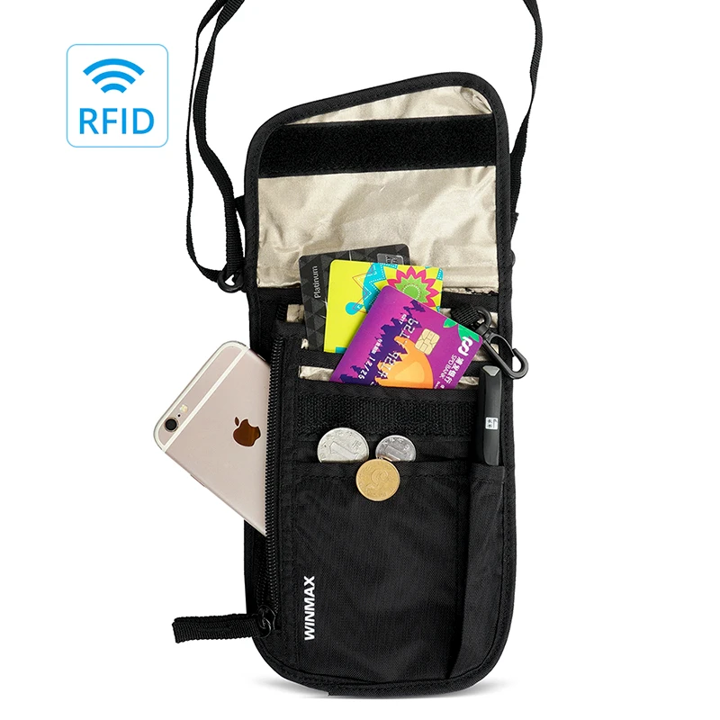 Winmax RFID Паспорт ID карты держатель телефона качество Водонепроницаемый ткань ключ coinTravel шеи для хранения кредитной держатель для карт дизайнер - Цвет: Черный