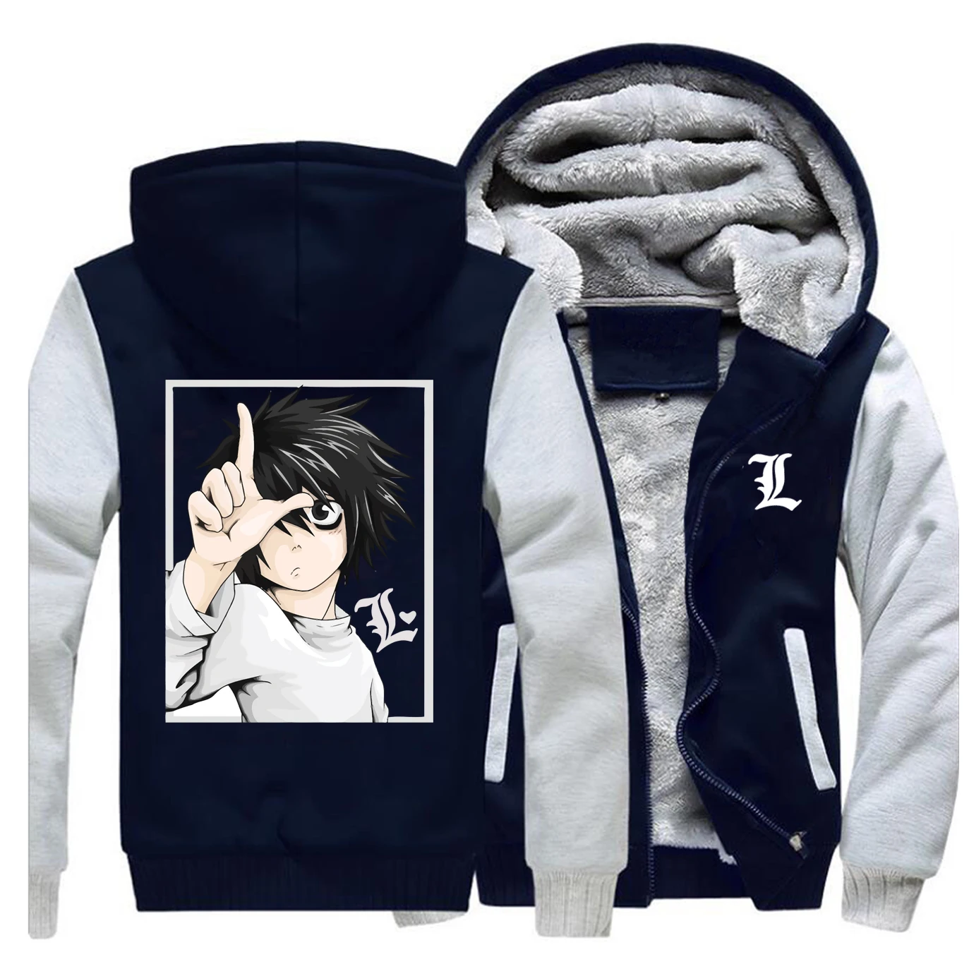 Death Note Anime Pattern Male Hoodies Hot Sale Japanese Anime Printed Mens Jacket New Popular Thick Streetwear Tracksuit - Color: Gray Dark Blue