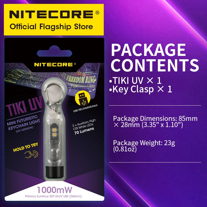 NITECORE TIKI UV Mini Keychain Light EDC 1000mw UV Light White Warning Flashing USB Rechargeable LED Flashlight With Battery