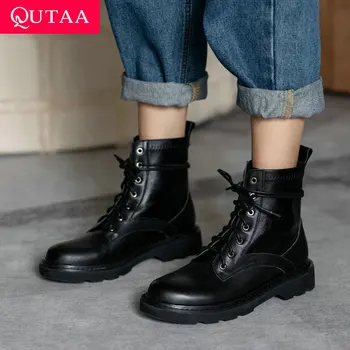 

QUTAA 2021 Autumn Winter Round Toe Lace Up Ankle Boots Square Low Heel Casual Women Shoes Cow Leather Short Boots Size 34-39
