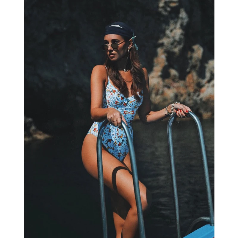 Floral Lemon Print One Piece Swimsuit New Sexy Women Buckle Push Up Bikini Swimwear Bathing Suit Summer Swimming Beachwear