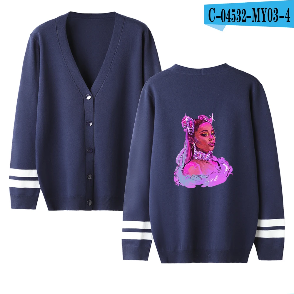 Ariana Grande Harajuku женские свитера осень зима модные повседневные кардиганы с v-образным вырезом однобортные с пышными рукавами свободные - Цвет: Navy