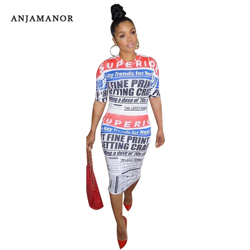 

ANJAMANOR Newspaper Print Short Sleeve Bodycon Long Dress Women 2019 Fall Clothes Fashion Sexy Woman Dresses Club D30-AD22