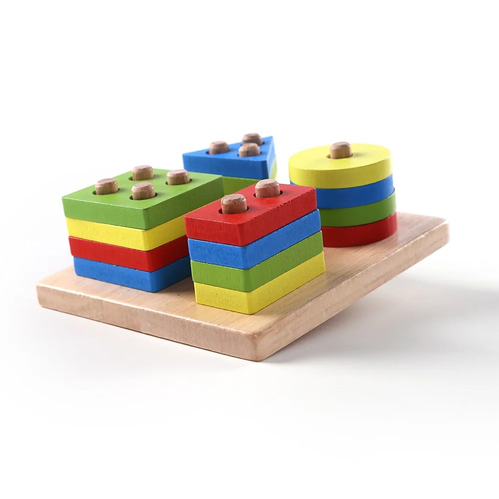 

Wooden Wisdom Case Column Geometric Shapes Matching Four Case Column Children Building Color Cognitive Toy