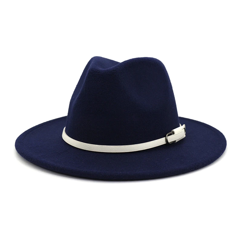 Navy fedora FS женский и мужской шерстяной джазовый головной убор для осени и зимы, теплые фетровые шляпы в европейском и американском стиле, круглые шапки-Котелки с белым поясом, 17 цветов - Цвет: Navy fedora