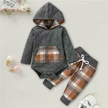 

Toddler Baby Boy Girl Grid Hooded Coat Tops Jumpsuit Pants Autumn Outfit Warm Clothes