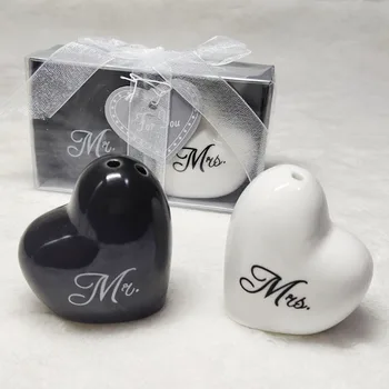 

60sets=120pcs ceramic heart Mr.&Mrs. salt and pepper shaker sets ceramic wedding bridal showers party favors and gifts for guest