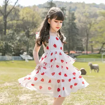 

2020 Summer Teenage Girl Chiffon Pleated A-Line Dress Kids Heart Print Dresses For Girls Baby Girl Fashion Clothing Vestido W207