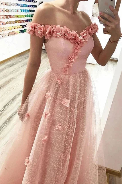 Rose Pink Tulle Evening Dress 3d Flower A-line Off Shoulder Sweetheart Neck  Floor Length Sleeveless Prom Dress Vestidos Formales - Evening Dresses -  AliExpress