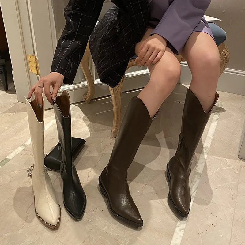 

Factory direct sales 2020 summer white retro heels thick heeled pointed boots high-barrel western cowboy boots white boots