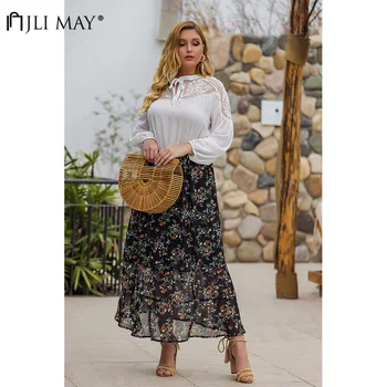 

JLI MAY Pleated Floral Print Split Skirt Elegant Womens Summer Office Lady Empire Slim Beach Irregular Mid-Calf Skirts Plus Size
