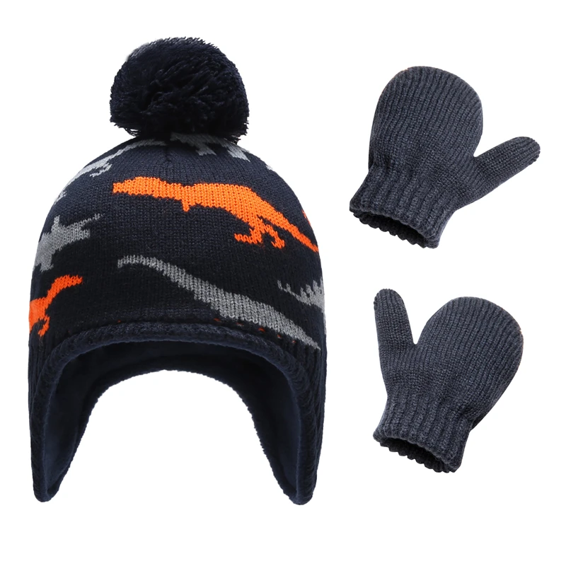 

Cute Hat Gloves Set Winter Knitted Beanie Children's Hat Girls Fake Ball Pompon Twist Plush Keep Warm Dinosaur Cap 1-5T