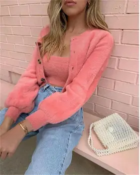 

2 Pcs Casual Womens Long Sleeve Knitted Fluffy Cardigan Sweater Suit Female Pink Slim Button Crop Sweater Tops