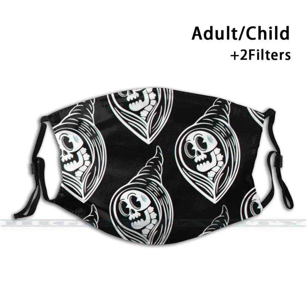 Reaper Washable Reusable Trendy Mouth Face Mask With Filters For Child Adult Skull Hood Glitch Bones Dark Black White | Аксессуары для