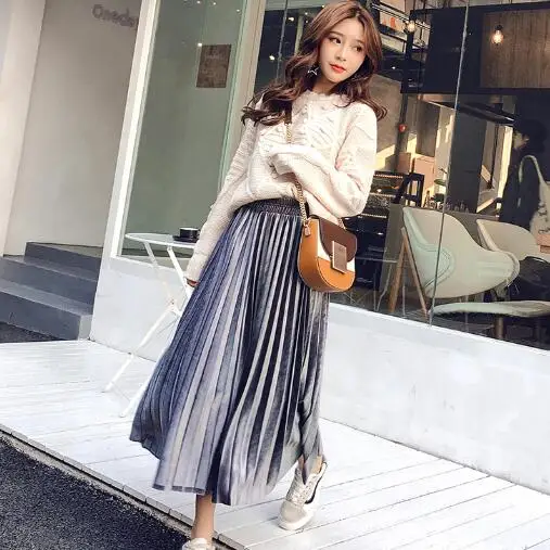 Новая весенне-осенняя Женская Однотонная юбка Вельветовая с завышенной талией эластичная Женская юбка миди свободная винтажная плиссированная юбка DC698