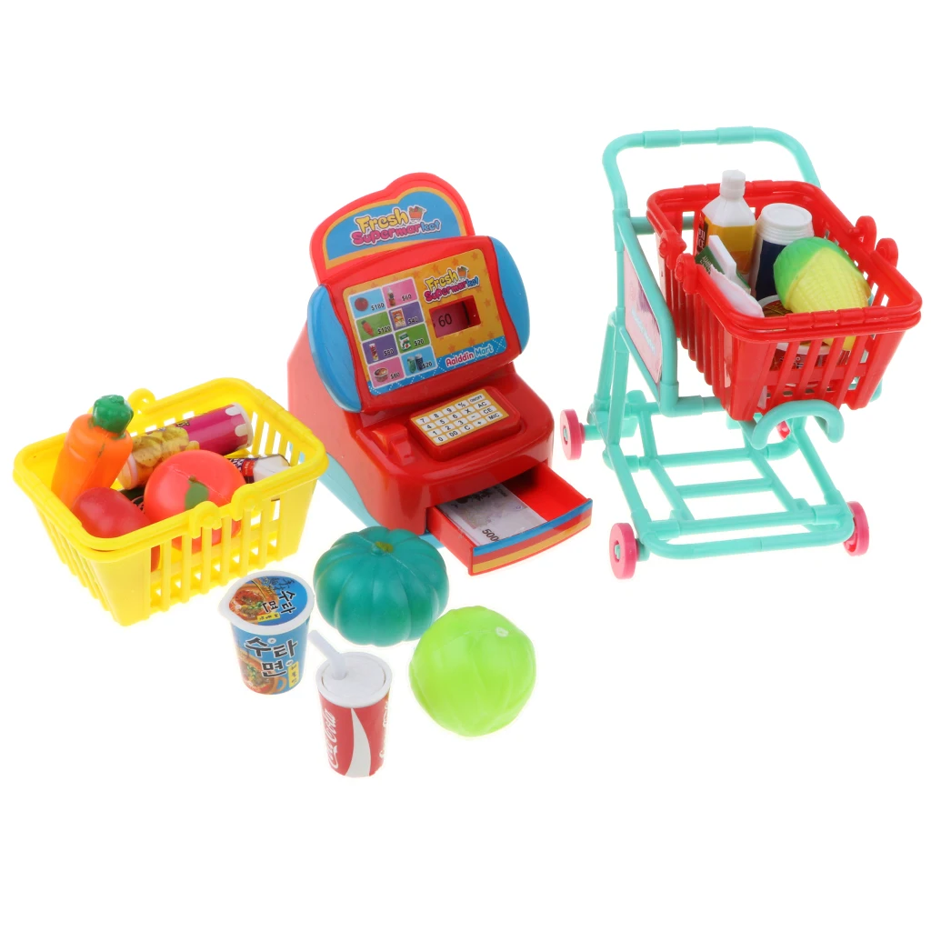 Pretend Play Supermarket Set, Cash Register Playset with Cart and Foods Educational Toy Set for Kids