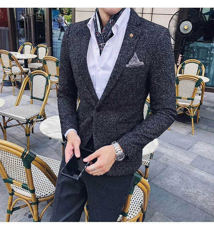 Мужской твидовый Блейзер Осень зима блейзер masculino slim fit повседневные мужские спортивные пиджаки hombre invierno ho Мужской Блейзер черный синий коричневый