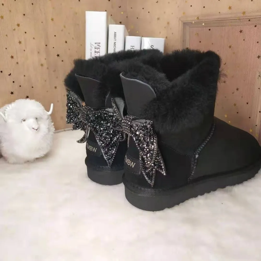 Blinging/; красивые женские зимние ботинки из натуральной овечьей кожи с бантом; женские ботинки на натуральном меху; теплые зимние ботинки с шерстью