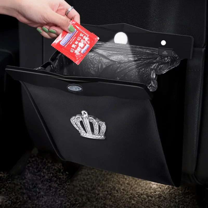 Crown Car Trash Can Garbage Bag LED Leather Auto Back Seat Dustbin Waste Rubbish Basket Organizer Storage Bag Car Accessories