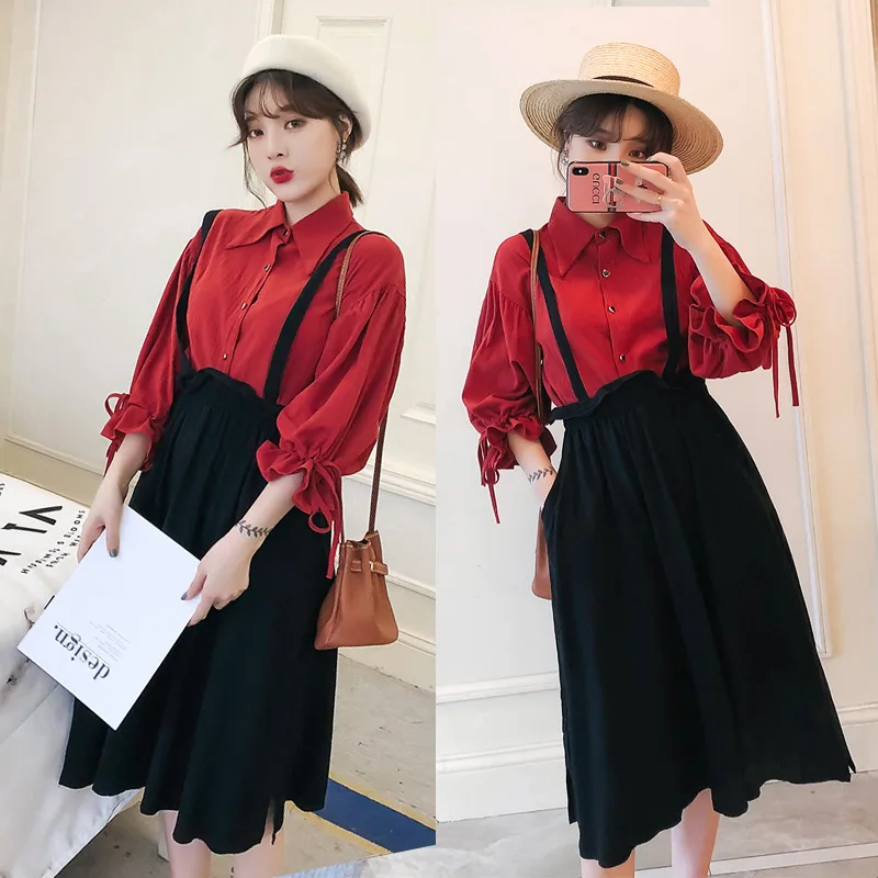 

Fat Mm Large Size Dress 2019 Spring New Style Korean-style Slimming Red Shirt + Suspender Skirt Two-Piece Set Fashion