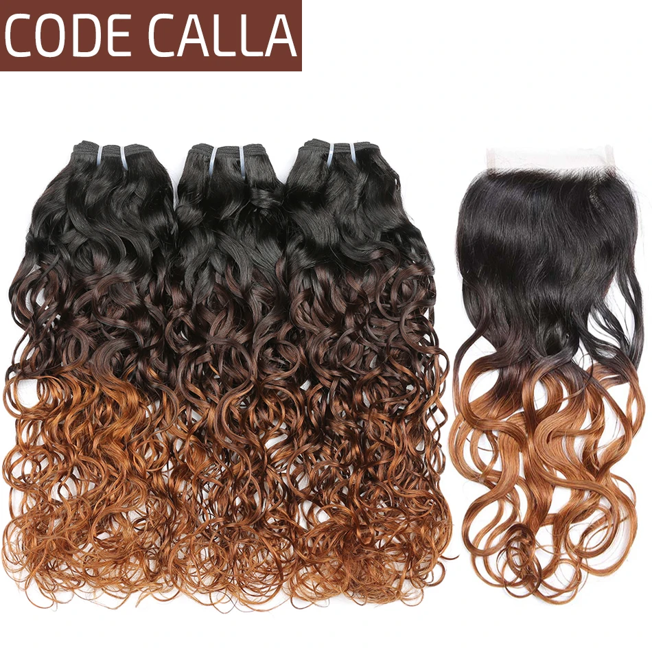 

Code Calla Remy Ombre Bundles With Closure 4X4 Lace Water Wave Brazilian 100% Human Hair Extension Tone Brown Color 6A Grade